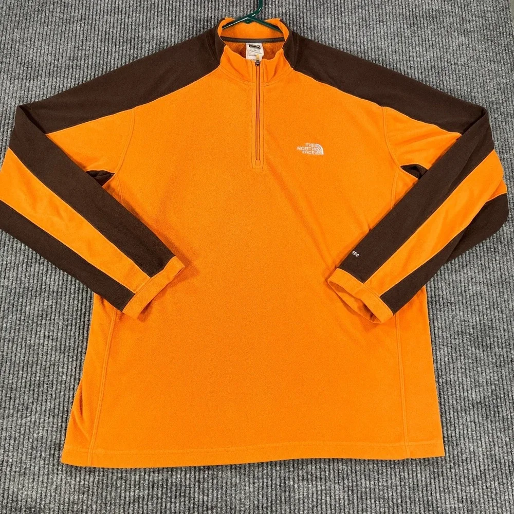 The North Face Mens Sweatshirt Large Orange Long Sleeve 1/4 Zip Mock Neck Fleece